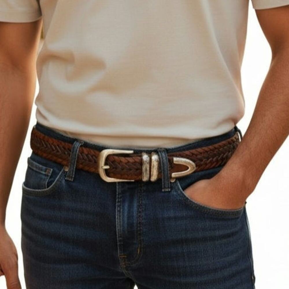 Fossil Brown Distressed Braided Leather Belt Silver Buckle Size 42 Adjustable